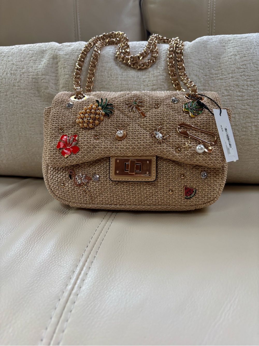 Aldo Beige Embellished Chain-Handle Shoulder Bag